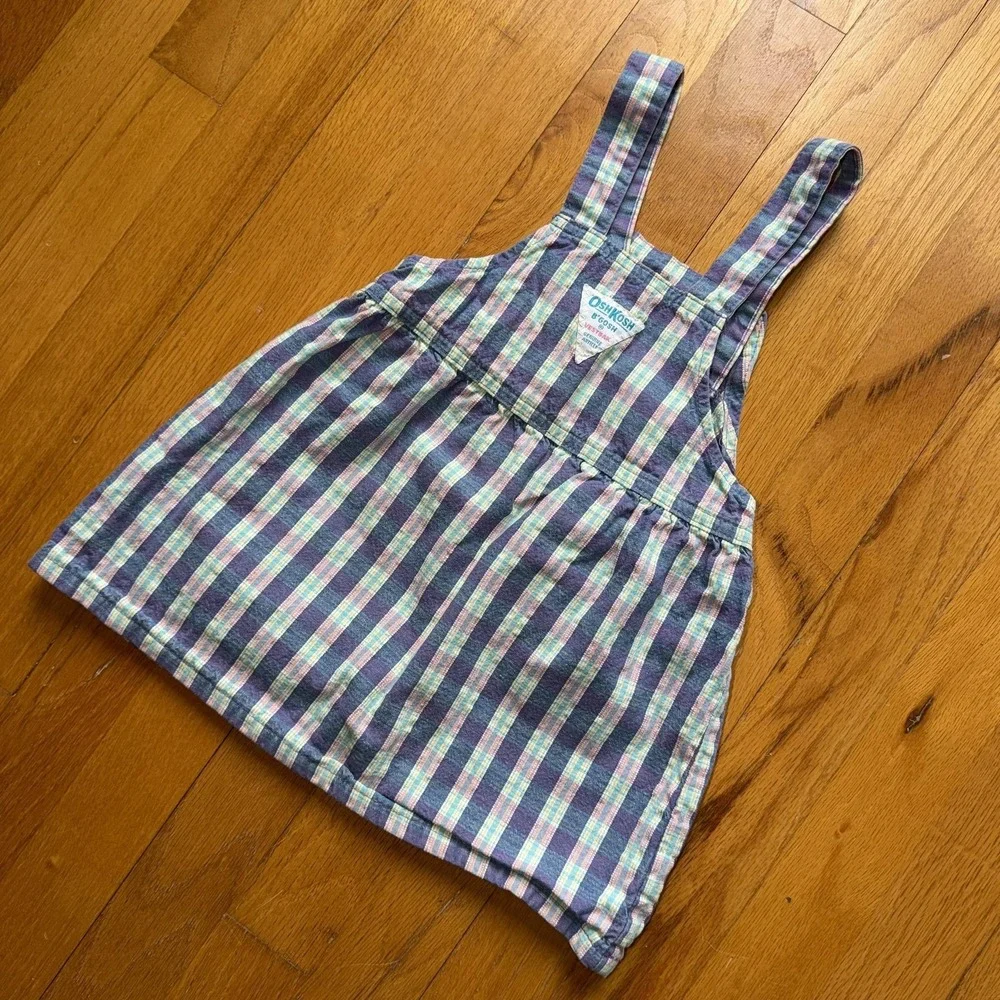 Vintage OshKosh B'gosh Overall Dress Girls 3T Blue Plaid Pinafore Pastel USA VTG